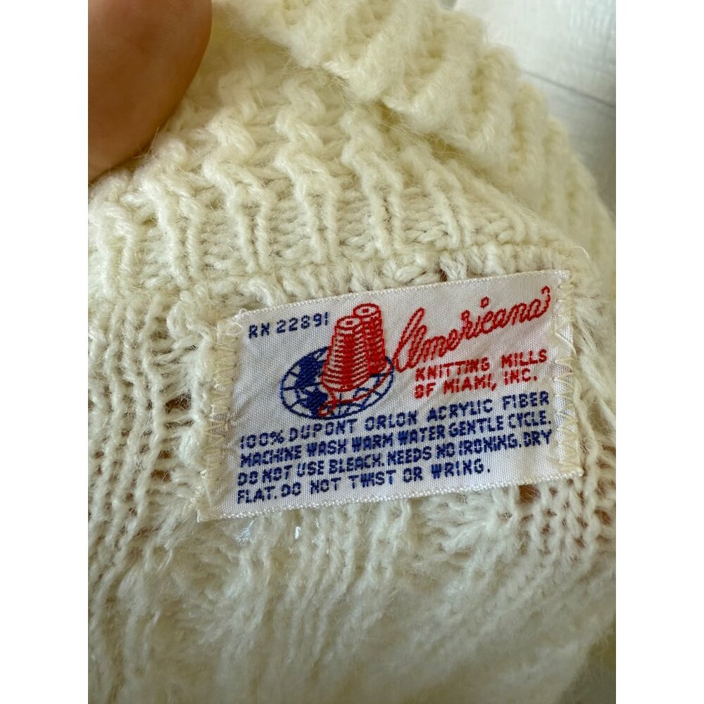 Vintage 70's Cable Knit White Acrylic Button up Fringed Poncho Cape One Size - Picture 3 of 11